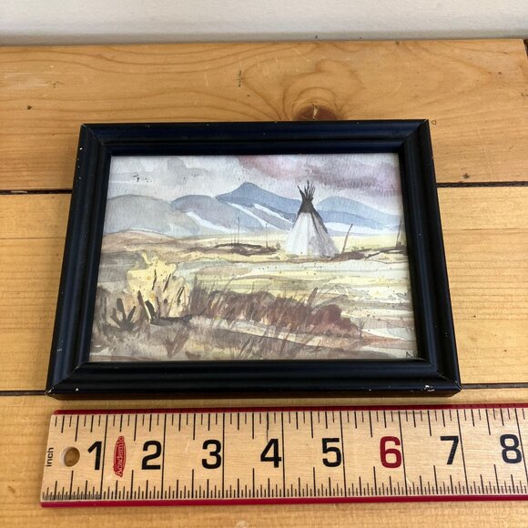 Teepee Plains Original Watercolor Art Hand Painted Framed Postcard 5.5x7" A.S.F. - Picture 2 of 6